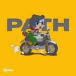  animal_ears animal_nose bandana bandana_around_neck blush_stickers eyelashes full_body green_overalls grey_hair highres leaf leaf_on_head matwvv mode_aim motor_vehicle motorcycle open_mouth orange_background overalls ponpoko_(vtuber) raccoon_ears raccoon_girl raccoon_tail riding shoes short_hair sneakers tail teeth virtual_youtuber 