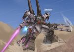  absurdres beam_rifle beam_saber blue_eyes blue_sky commentary commission day desert double_barrels dual_wielding energy_gun english_commentary eye_trail glowing glowing_eye gun gundam gundam_msv highres holding holding_gun holding_sword holding_weapon jellen_squish legs_apart light_trail mecha mecha_focus mobile_suit no_humans one-eyed outdoors rick_dias_ii robot sand science_fiction shoulder_spikes sky smoke smoking_barrel solo spikes sword weapon zeta_gundam 