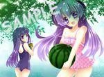  ass blue_hair food fruit furude_rika hanyuu higurashi_no_naku_koro_ni holding holding_food holding_fruit horns long_hair looking_back multiple_girls neon_ui one-piece_swimsuit purple_eyes purple_hair sample school_swimsuit swimsuit watermelon 