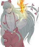  albino bad_id bad_pixiv_id bow fire fujiwara_no_mokou grey_hair hair_ribbon long_hair pants red_eyes ribbon shirt smile solo suspenders touhou tsugu 