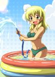  bikini blonde_hair diesel-turbo hidamari_sketch hose kneeling miyako solo swimsuit tan tanline wading_pool water yellow_eyes 