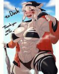 2020 4:5 abs anthro backwards_baseball_cap backwards_hat band-aid band-aid_on_face bandage bandage_on_face baseball_bat baseball_cap bat_(object) big_breasts bikini black_bikini_top black_text blush bodily_fluids bottomwear breasts chest_tuft clothed clothing cloud dated depth_of_field digital_media_(artwork) drooling eyelashes felid female female_anthro fingers frankie_(extremedash) fur glistening glistening_body glistening_breasts glistening_eyes glistening_fur hair hat headgear headwear hi_res hotpants huge_breasts jacket legwear lion long_hair mammal mid_skb monotone_body monotone_breasts monotone_fur monotone_hair multicolored_text muscular muscular_anthro muscular_female navel open_mouth outside pantherine pink_nose pink_tongue portrait red_eyes saliva shorts skimpy sky solo spiral_eyes stockings sweat sweaty_abs sweaty_body swimwear tail text thick_thighs three-quarter_portrait tomboy tongue topwear tuft tufted_fur two-piece_swimsuit two_tone_text white_body white_breasts white_fur white_hair white_text