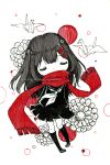  1girl absurdres artist_name ayano_no_koufuku_riron_(vocaloid) black_hair black_sailor_collar black_serafuku black_shirt black_skirt black_socks chibi chibi_only circle closed_eyes commentary covered_mouth cursive english_commentary enpera facing_viewer flower fringe_trim full_body highres kagerou_project kneehighs limited_palette long_hair long_sleeves neckerchief niipanpann origami paper_crane pen_(medium) pleated_skirt red_scarf sailor_collar scarf scarf_over_mouth school_uniform serafuku shirt simple_background skirt socks solo tateyama_ayano traditional_media u_u white_background white_neckerchief 