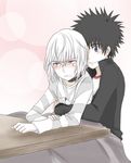  accelerator albino bad_id bad_pixiv_id black_hair blue_eyes blush choker highres hug kamijou_touma kotatsu male_focus multiple_boys nakakon red_eyes school_uniform shirt sitting smile spiked_hair striped striped_shirt table to_aru_majutsu_no_index white_hair yaoi 