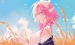  1girl bare_shoulders blue_sky breasts cloud cosplay cyrene_(honkai:_star_rail) cyrene_(honkai:_star_rail)_(cosplay) elf elysia_(honkai_impact) english_commentary from_side hair_ornament highres holding_butterfly honkai:_star_rail honkai_(series) honkai_impact_3rd htt_(user_phhn3327) large_breasts long_hair looking_at_viewer pink_hair pointy_ears sky solo wheat_field 