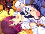  casual cat doughnut food green_eyes groin john_doe_(yumekui_merry) lying manga_(object) merry_nightmare meta midriff mouth_hold navel on_back pillow purple_hair reading ribbon short_hair solo symbol-shaped_pupils tsukumo yumekui_merry 