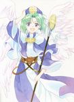  :d agahari angel_wings blue_eyes fennel_nasturtium green_hair hand_on_headwear hat multiple_wings next_king open_mouth purple_eyes robe sash smile solo staff traditional_media wings 