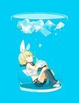  arm_warmers blonde_hair blue_eyes bow bubble cup glider_(artist) grin hair_bow hair_ornament hairclip headphones ice ice_cube in_container in_cup kagamine_rin leg_warmers midriff minigirl profile sailor_collar short_hair shorts sitting smile solo submerged vocaloid water 