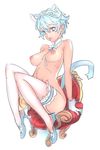  animal_ears arm_support blue_eyes blue_hair breasts cat_ears cat_tail chair detached_collar earrings full_body garters gloves high_heels jewelry knees_up looking_at_viewer medium_breasts nipples nishieda nude original parted_lips shoes short_hair simple_background sitting solo tail thighhighs white_background white_legwear 
