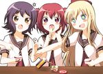  3girls akaza_akari anger_vein black_hair blonde_hair blue_eyes blush brown_eyes double_bun dress eating food funami_yui ice_cream long_hair multiple_girls na!_(na'mr) nanamori_school_uniform purple_eyes red_hair sailor_dress school_uniform serafuku short_hair toshinou_kyouko yuru_yuri 