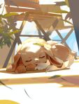  :3 animal_focus blue_sky branch chair closed_eyes eevee folding_chair highres leaf leaf_on_head lying matwvv no_humans on_stomach outdoors pokemon pokemon_(creature) sky sleeping solo 