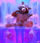 anthro bathing covering covering_crotch flirting flirting_with_viewer guardians_of_the_galaxy hi_res looking_at_viewer male mammal marvel nude procyonid raccoon rocket_raccoon sidekick sitting_in_water smile smiling_at_viewer solo tail tail_between_legs
