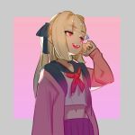  1girl black_ribbon blonde_hair border cardigan grey_border hair_ribbon highres long_hair long_sleeves looking_ahead makaino_ririmu matwvv navel nijisanji open_mouth pink_background pink_cardigan pleated_skirt red_eyes ribbon sailor_collar shirt skirt solo teeth upper_body virtual_youtuber white_shirt 