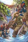  1boy artist_collaboration blonde_hair blue_eyes boots bridge brown_footwear brown_pants english_commentary green_hat green_tunic hat holding holding_shield holding_sword holding_weapon kieran_oats link male_focus master_sword open_mouth orange_eyes pants ryan_stegman scared shield skeleton stalfos sword the_legend_of_zelda the_legend_of_zelda:_ocarina_of_time tunic water weapon western_comics_(style) wooden_bridge 