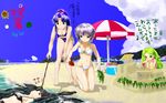  asakura_ryouko beach beach_umbrella bikini black_hair blue_eyes blue_hair breasts brown_eyes chair cleavage cooler day front-tie_top gi_cobalt green_eyes green_hair kimidori_emiri kneeling long_hair lounge_chair medium_breasts multiple_girls nagato_yuki navel outdoors purple_hair sand_castle sand_sculpture seaweed short_hair stick suou_kuyou suzumiya_haruhi_no_yuuutsu swimsuit thigh_gap translated umbrella very_long_hair water 