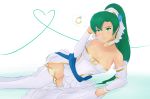  cleavage dress earrings fire_emblem fire_emblem_heroes green_eyes green_hair high_ponytail jewelry large_breasts long_hair lying lyndis_(fire_emblem) nintendo ring smile strapless strapless_dress thighhighs wedding_dress wedding_ring white_dress 