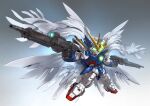  absurdres beam_rifle chibi chinese_commentary commentary_request dual_wielding energy_gun finger_on_trigger foreshortening full_body glowing glowing_eye gradient_background green_eyes gun gundam gundam_wing gundam_wing:_endless_waltz highres holding holding_gun holding_weapon legs_apart making-of_available mecha mecha_focus mechanical_wings mobile_suit no_humans outstretched_arms robot science_fiction sd_gundam solo spread_arms v-fin weapon wing_gundam_zero_custom wings zakuma 