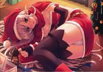  absurdres alleyne_(queen's_blade) ass belt black_gloves black_legwear blonde_hair blue_eyes blush boots box braid breasts cameltoe cape christmas christmas_elf christmas_tree cleavage elbow_gloves elf gloves hat highres large_breasts long_hair lying mizunezumi nowa panties pantyshot pantyshot_(lying) pointy_ears queen's_blade santa_costume santa_hat shoes side_braid solo thighhighs underwear very_long_hair 