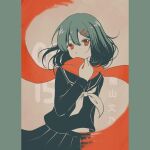  1girl black_hair black_sailor_collar black_serafuku black_shirt black_skirt character_name commentary cowboy_shot dated enpera expressionless floating_scarf fringe_trim grey_background hair_between_eyes hair_ornament hairclip kagerou_project long_hair long_sleeves looking_at_viewer multicolored_hair neckerchief niipanpann pillarboxed pleated_skirt red_eyes red_scarf sailor_collar scarf school_uniform serafuku shirt simple_background skirt solo tateyama_ayano two-tone_hair 