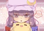  =_= blush bow cat closed_eyes crescent face fang hair_bow hat hazuki_ruu heart kuzuneko long_hair open_mouth original patchouli_knowledge purple_eyes purple_hair solo spoken_blush touhou 