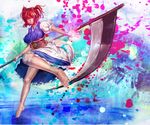  ajishio bare_legs barefoot breasts coin hair_bobbles hair_ornament large_breasts obi onozuka_komachi outstretched_hand paint_splatter red_eyes red_hair sash scythe solo touhou two_side_up 