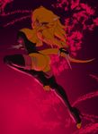  anthro big_breasts big_butt blonde_hair breasts butt cat feline female hair heels high_heels jumping knife legwear looking_at_viewer mammal multi-colored_hair pink_eyes red_eyes rubber side_boob solo thigh_highs toeless_boots toeless_shoes toughset weapon yellow_body 