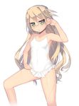  arima_senka blonde_hair casual_one-piece_swimsuit flat_chest glasses green_eyes kashiwamochi_yomogi long_hair one-piece_swimsuit original side_cutout solo swimsuit tsurime wet white_swimsuit 