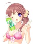  ;d ahoge bangs bare_arms bikini blue_eyes blush bow braid breasts brown_hair collarbone drink jewelry long_hair looking_at_viewer medium_breasts necklace one_eye_closed open_mouth original piyodera_mucha side_ponytail simple_background smile soda solo swimsuit upper_body w 