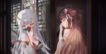 2girls absurdres aki_(eversoul) black_bra bra breasts brown_hair cherry_blossoms cleavage different_reflection dress eversoul fakegeo flower hair_flower hair_ornament hand_on_own_face highres hime_cut horns japanese_clothes kimono korean_commentary long_hair looking_at_mirror looking_at_viewer mask medium_breasts mirror mouth_mask multiple_girls off-shoulder_dress off_shoulder red_eyes reflection rope shimenawa underwear upper_body white_flower white_hair white_kimono 