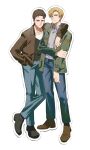  2boys arm_around_shoulder black_footwear blonde_hair blue_pants brown_eyes brown_footwear brown_hair brown_jacket closed_mouth green_jacket haejeo1008 hand_in_pocket harry_mason highres holding_own_arm jacket james_sunderland long_sleeves looking_at_viewer male_focus multiple_boys outline pants shirt short_hair silent_hill_(series) silent_hill_1 silent_hill_2 smile white_background white_outline white_shirt yellow_eyes 