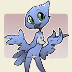  anthro avian beak bird breasts clothed clothing feathers green_eyes itsunknownanon looking_at_viewer shrug simple_background small_breasts smile solo standing tweetfur twitter 