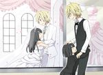  1girl awakusu_akane bad_id bad_pixiv_id bartender black_hair blonde_hair blush bow bowtie bride dress durarara!! heiwajima_shizuo hug long_hair nanasaki pixiv school_uniform short_hair skirt smile sunglasses vest wedding wedding_dress 