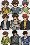  3boys absurdres aged_down amuro_ray angry bandages beard blue_eyes brown_hair char&#039;s_counterattack facial_hair getter_robo gundam haro hat highres jacket japanese_clothes justcosmos1 kabuto_kouji looking_at_viewer male_focus mazinger_(series) mazinger_z mazinger_z:_infinity military_uniform mobile_suit_gundam multiple_boys nagare_ryoma new_getter_robo retro_artstyle robot science_fiction shin_getter_robo short_hair smile super_robot_wars zeta_gundam 