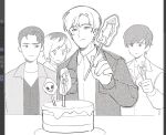  1girl 3boys alien art_program_in_frame cake collared_shirt facial_hair food haejeo1008 harry_mason hear_me_out_cake_(meme) heather_mason henry_townshend highres holding holding_stick jacket james_sunderland leon_s._kennedy long_sleeves meme monochrome multicolored_hair multiple_boys plate pyramid_head resident_evil resident_evil_4 robbie_the_rabbit roots_(hair) shirt short_hair silent_hill_(series) silent_hill_1 silent_hill_2 silent_hill_3 silent_hill_4:_the_room stick sweat table white_background 