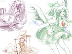  bad_id bad_pixiv_id book cape frilled_skirt frills hat highres kiguchiko monochrome moriya_suwako multiple_girls outstretched_arms patchouli_knowledge reiuji_utsuho sitting skirt spread_arms touhou wet wings 