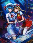  ascot blonde_hair blue_hair brooch dutch_angle flandre_scarlet flower holding_hands jewelry multiple_girls oil_painting_(medium) petals red_eyes red_flower red_rose remilia_scarlet rose siblings side_ponytail sisters smile tafuto thighhighs touhou traditional_media white_legwear 