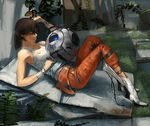  bandages bare_shoulders boots brown_hair chell closed_eyes clothes_writing grass jumpsuit long_fall_boots long_hair lying on_back personality_core ponytail portal portal_(series) portal_2 sage_(mami1210) wheatley 