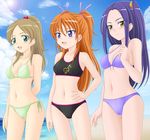  bikini blue_eyes brown_hair cameltoe eyelashes green_eyes half_updo hand_on_hip houjou_hibiki kurokawa_eren long_hair minamino_kanade miracle! multiple_girls one_side_up orange_hair ponytail precure purple_hair seiren_(suite_precure) side-tie_bikini sports_bikini suite_precure swimsuit two_side_up yellow_eyes 