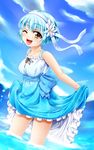  ahika_(akihasakuri) blush dress flower hair_flower hair_ornament hairband one_eye_closed original solo water 