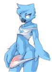  2019 anthro avian balls bird blue_eyes blue_feathers clothing erection feathers male penis seductive simple_background solo somnamg tweetfur underwear undressing white_background 