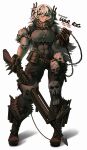  1girl abs absurdres belt boots breasts chain commentary commission fingerless_gloves full_body fur_trim gloves harpoon harpoon_gun highres large_breasts long_hair mad_max mad_max:_fury_road muscular muscular_female original personification red_eyes skull solo standing white_background white_hair zhvo 
