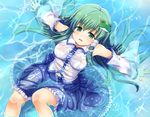  blue_door bra braid detached_sleeves from_above green_eyes green_hair hair_tubes kochiya_sanae lingerie long_hair navel partially_submerged see-through sitting skirt solo touhou underwear water wet wet_clothes 