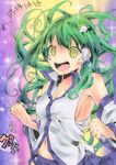  absurdres bare_shoulders blush_stickers breasts crazy_eyes crushing detached_sleeves frog green_hair hair_ornament hair_tubes happy_turn heart highres jakkun kochiya_sanae long_hair medium_breasts messy_hair navel open_mouth sarashi sideboob snack solo star touhou translated yellow_eyes 