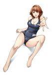  bare_legs bare_shoulders barefoot blush breasts brown_eyes brown_hair face feet foreshortening hanamura hands large_breasts legs one-piece_swimsuit one_eye_closed original outstretched_arm outstretched_hand school_swimsuit short_hair simple_background sitting smile solo swimsuit 