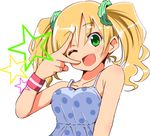  ;d blonde_hair camisole green_eyes long_hair mikuru_beam one_eye_closed open_mouth original polka_dot scrunchie smile solo take_(office-t) twintails wristband 