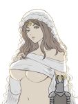  1girl armor breasts brown_hair cleavage dark_souls_(series) dark_souls_i fake_horns full_armor grey_background helm helmet highres horned_helmet horns large_breasts long_hair navel queen_of_sunlight_gwynevere shiny_skin shoulder_plates simple_background solo_focus upper_body veil yamanobori 