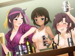  3girls alcohol banade bandade bandage bandages bandaid bandaids_on_nipples beer blue_eyes blush breasts brown_eyes brown_hair cleavage dark_skin drinking eyes_closed happy headband koi_to_mizugi_to_taiyo_to large_breasts liqour liquor long_hair multiple_girls naked necktie_on_head nipples nude pasties purple_hair purple_headband short_hair smile smirk tan tank_top tanktop tanline 