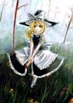  apron blonde_hair blush braid broom faux_traditional_media flower forest grass hat hiepita_(1014) kirisame_marisa long_hair nature skirt solo touhou tree witch_hat yellow_eyes 