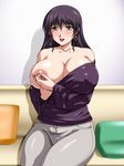  areola areolae bare_shoulders blush breast_slip breasts couch curvy earrings erect_nipples highres huge_breasts jewelry lactation lipstick long_hair makeup milf mole nipple_tweak nipples one_breast_out pillow pillows purple_hair sitting solo water_beryl 
