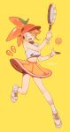  1girl ;d alternate_skin_color asphyxia17 asymmetrical_bangs ball bare_arms circle_skirt cookie_run dot_nose flipped_bangs floating floating_object food food-themed_clothes fruit hair_ornament hand_up hat highres holding holding_racket holding_tennis_racket humanization knee_up leaf_hair_ornament midriff multi-tied_hair navel object_floating_above_hand one_eye_closed open_hand orange_(fruit) orange_cookie orange_eyes orange_hair orange_hat orange_skirt orange_trim racket seed simple_background skirt smile socks solo standing standing_on_one_leg sweatband sweatdrop tank_top tennis_ball tube_socks v-shaped_eyebrows visor_cap white_socks white_tank_top yellow_background 